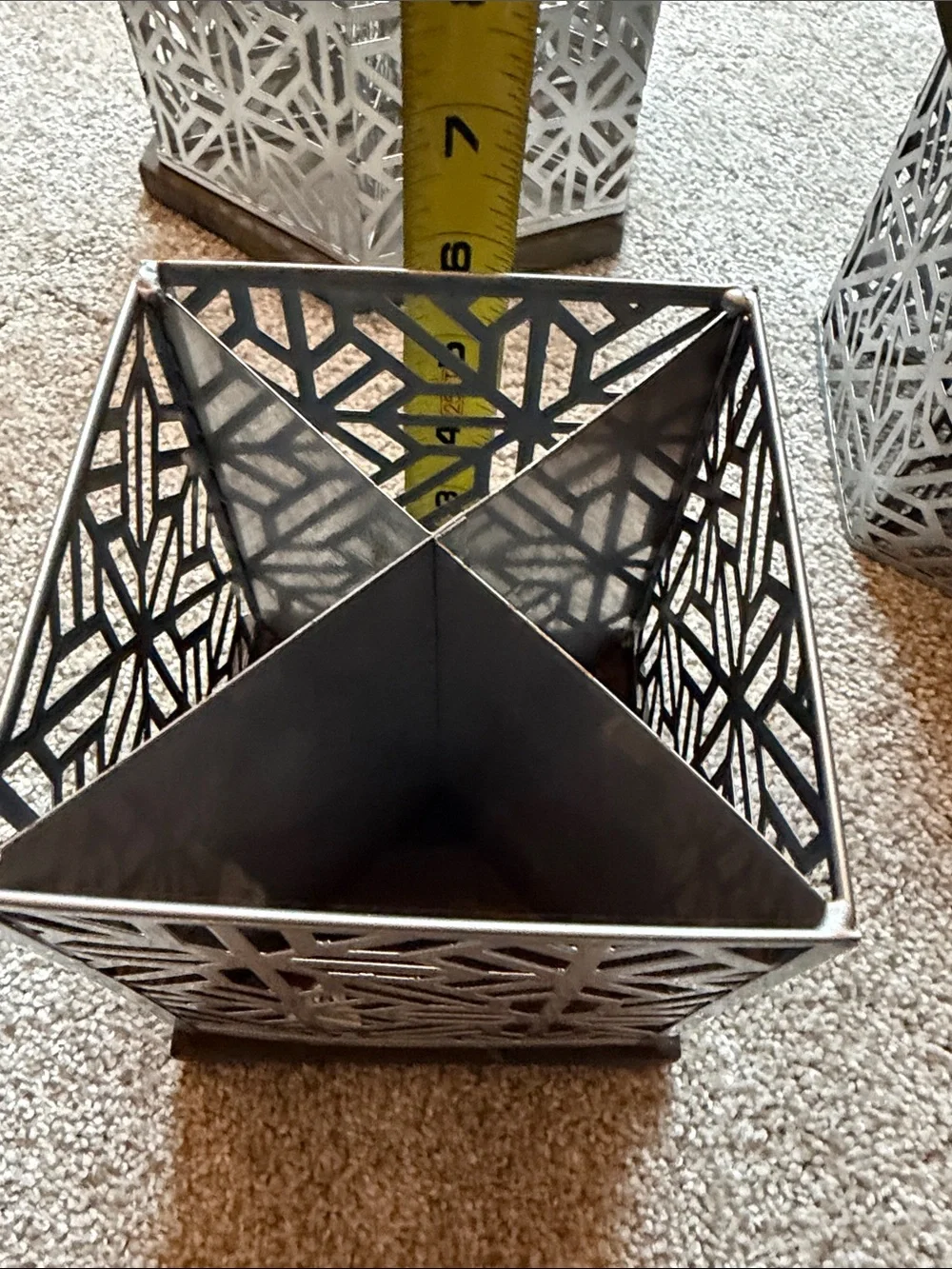 Decorative Hexagonal Metal Organizer Set in Silver. Set of 4. Wood bottoms.